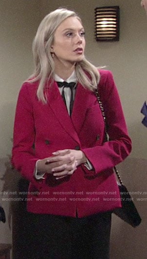 Abby's pink blazer and white tie neck top on The Young and the Restless