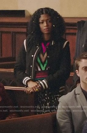 Ali's chevron striped sweater and bomber jacket on God Friended Me