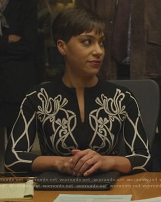Lucca's black and white floral knit cardigan on The Good Fight