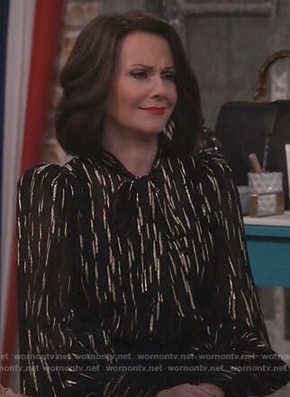 Karen's black metallic blouse on Will and Grace