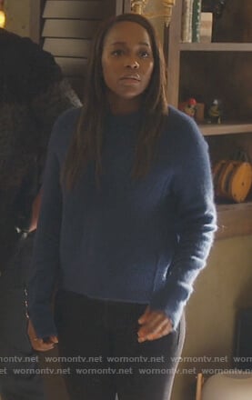 Michaela's blue button cuff sweater on How to Get Away with Murder