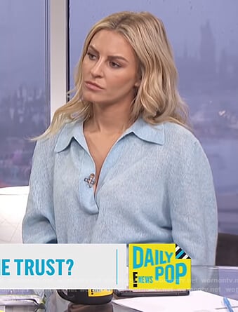 Morgan's blue collared v-neck sweater on E! News Daily Pop