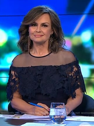 Lisa's navy lace ruffle dress on The Project