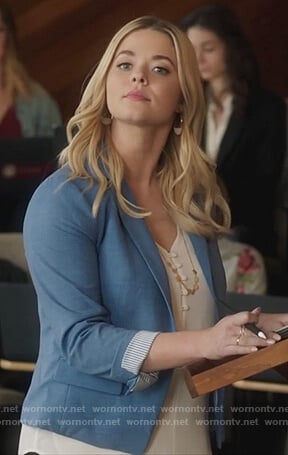 Ali's blue blazer and white cami on PLL the Perfectionists