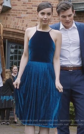 Ava's blue pleated dress on PLL The Perfectionists