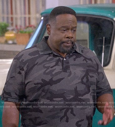 Calvin's camouflage print polo shirt on The Neighborhood