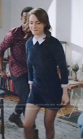 Cara's navy collared corduroy dress on God Friended Me