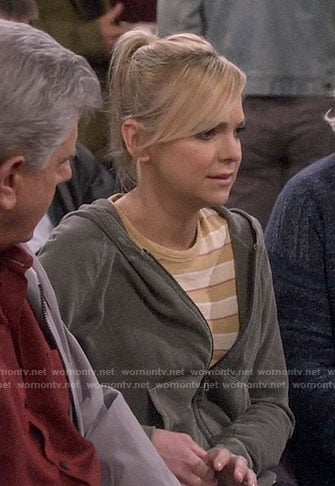 Christy's yellow striped tee and grey hoodie on Mom