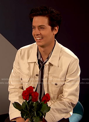 Cole Sprouse's white denim jacket on Busy Tonight