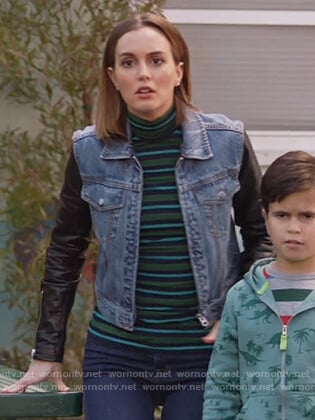 Angie's striped sweater and denim jacket with leather sleeves on Single Parents