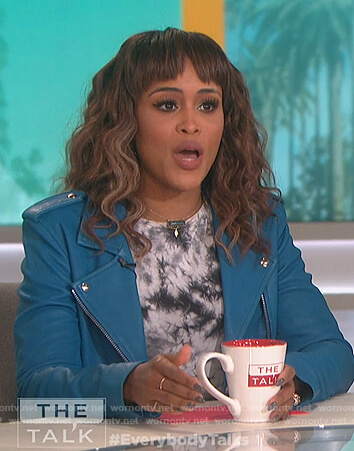 Eve's blue moto jacket and tie dye tee on The Talk