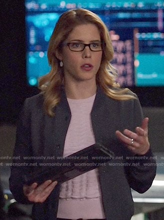 Felicity's pink textured sweater and grey bomber jacket on Arrow