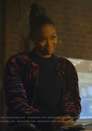 Anissa's velvet floral bomber jacket on Black Lightning