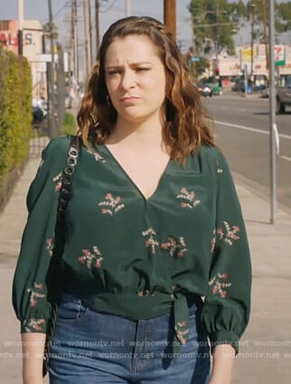 Rebecca's green floral wrap blouse on Crazy Ex Girlfriend