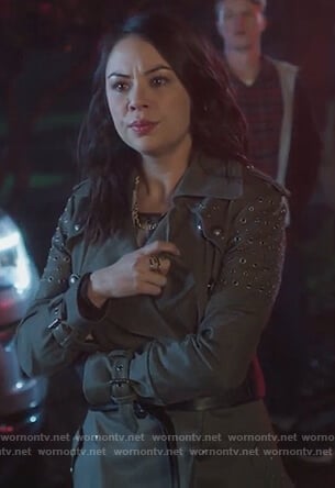 Mona's green grommet embellished coat on PLL The Perfectionists