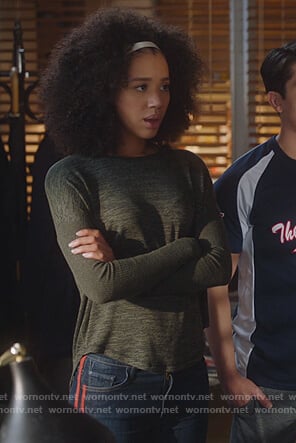 Allison's green knitted tee and striped jeans on For the People