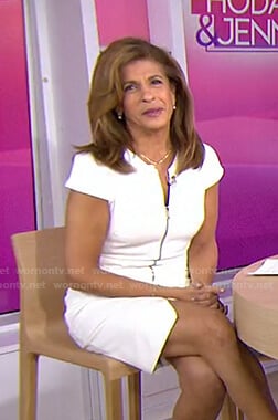 Hoda's white zip front v-neck dress on Today