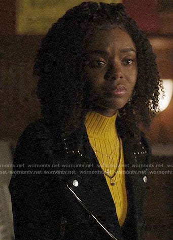 Josie's yellow ribbed sweater and studded moto jacket on Riverdale