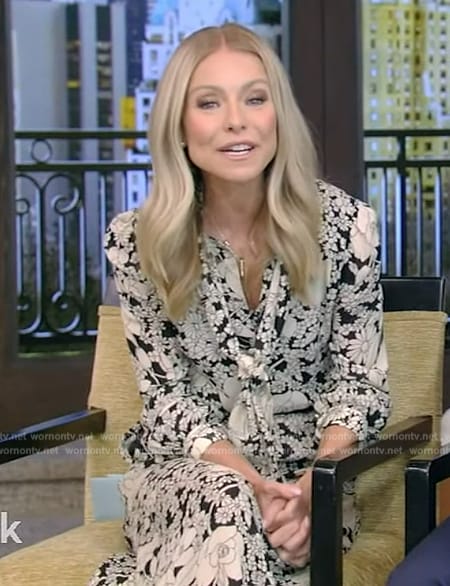 Kelly's floral tie neck midi dress on Live with Kelly and Ryan