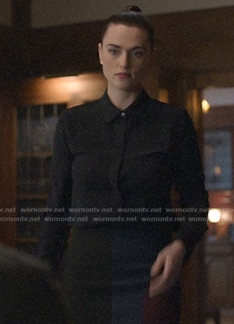 Lena's black blouse and colorblock skirt on Supergirl