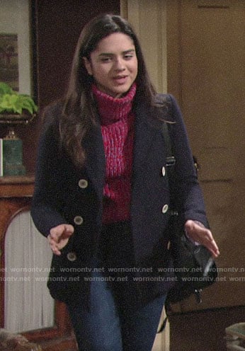 Lola's short navy coat on The Young and the Restless