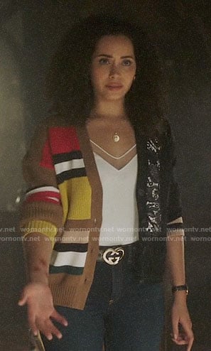 Macy's striped and lace cardigan and white mesh panel top on Charmed
