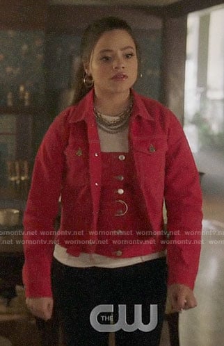 Maggie's red denim button front top and jacket on Charmed