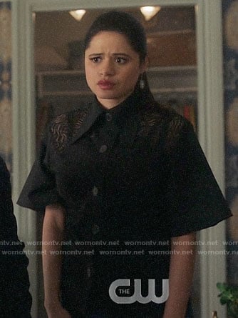 Mel's black lace shoulder button down shirt on Charmed