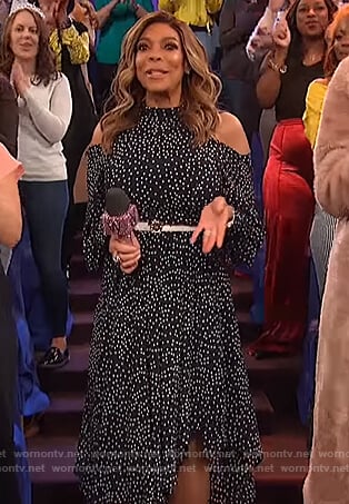 Wendy's navy dotted dress on The Wendy Williams Show