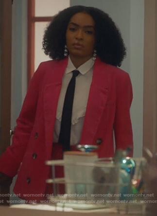 Zoey's pink corduroy blazer and tie neck ruffle blouse on Grown-ish