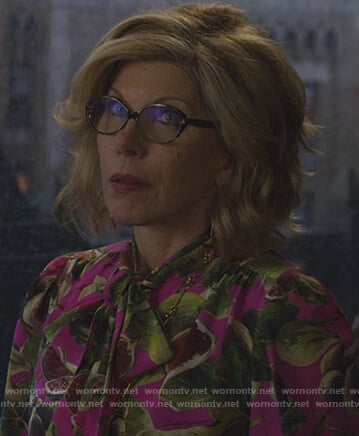 Diane's pink fig print blouse on The Good Fight