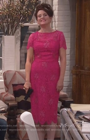 Karen's pink lace midi dress on Will and Grace