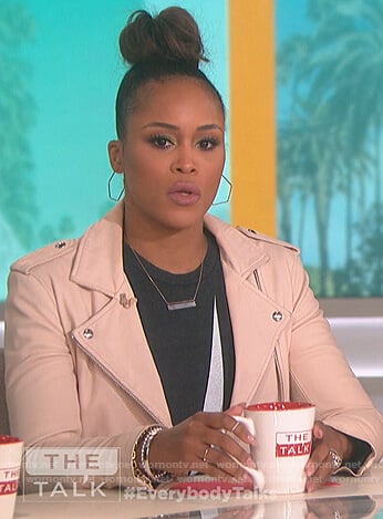 Eve's pink leather jacket and bolt print tee on The Talk