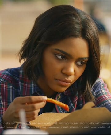 Jennifer's blue and red plaid shirt on Black Lightning