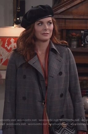 Grace's plaid trench coat and Gucci bag on Will and Grace