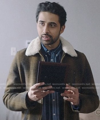 Rakesh's yellow plaid jacket with sherpa collar on God Friended Me