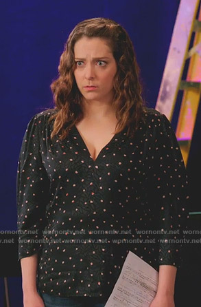 Rebecca's black dot print v-neck top on Crazy Ex-Girlfriend