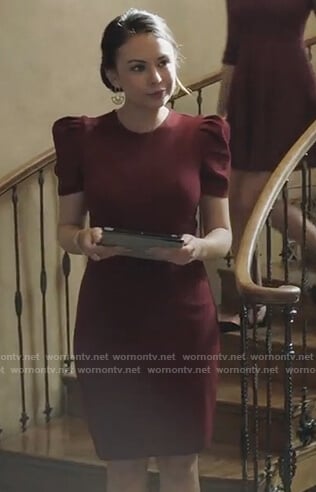 Mona's red puff shoulder dress on PLL The Perfectionists
