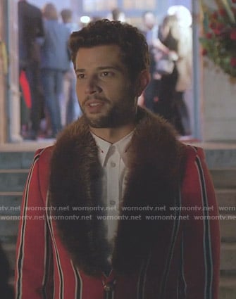 Sam's red striped coat with fur collar on Dynasty