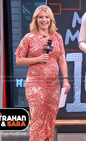 Sara's red printed ruched midi dress on GMA Strahan And Sara