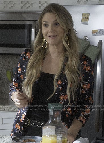Sheila's black floral shirt and knocker earrings on Santa Clarita Diet