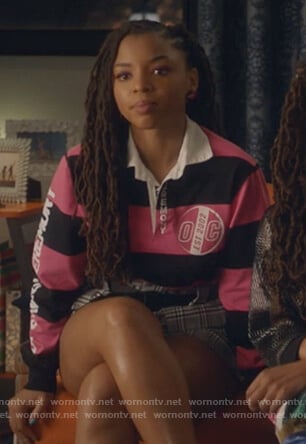 Jazlyn's pink striped rubgy sweater on Grown-ish