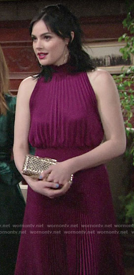 Tessa's magenta pleated dress at Summer's wedding on The Young and the Restless