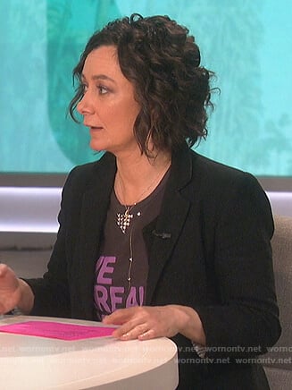 Sara's black We Are Broken studded tee on The Talk