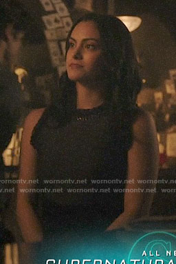 Veronica's navy ruffle-trim dress on Riverdale