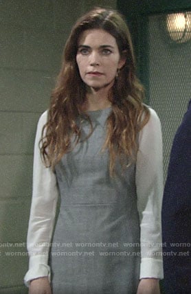Victoria's grey dress with white blouse sleeves on The Young and the Restless