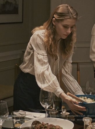 Stevie's white metallic stripe blouse on Madam Secretary
