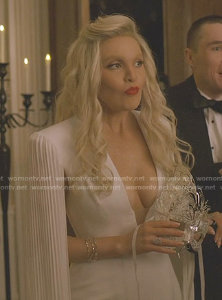 Alexis's white pleated cape gown on Dynasty