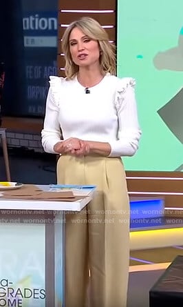 Amy's white ruffled top and beige pants on Good Morning America