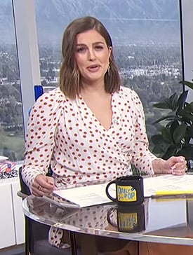 Carissa's white polka dot wrap top on E! News Daily Pop